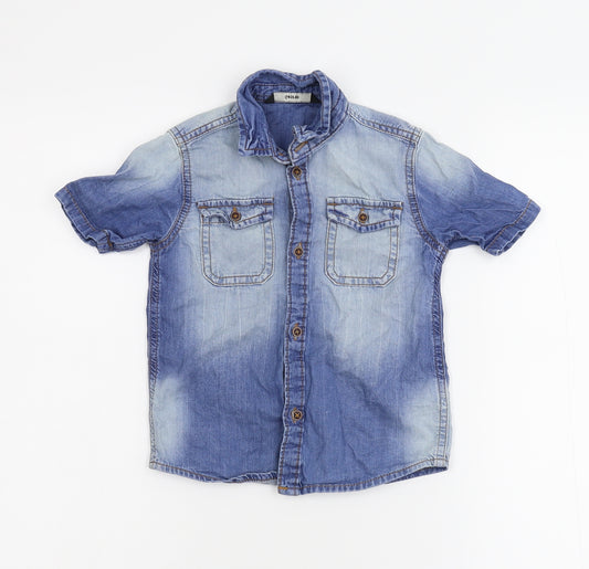 Front view of George boys’ blue denim basic button-up, size 3-4, years