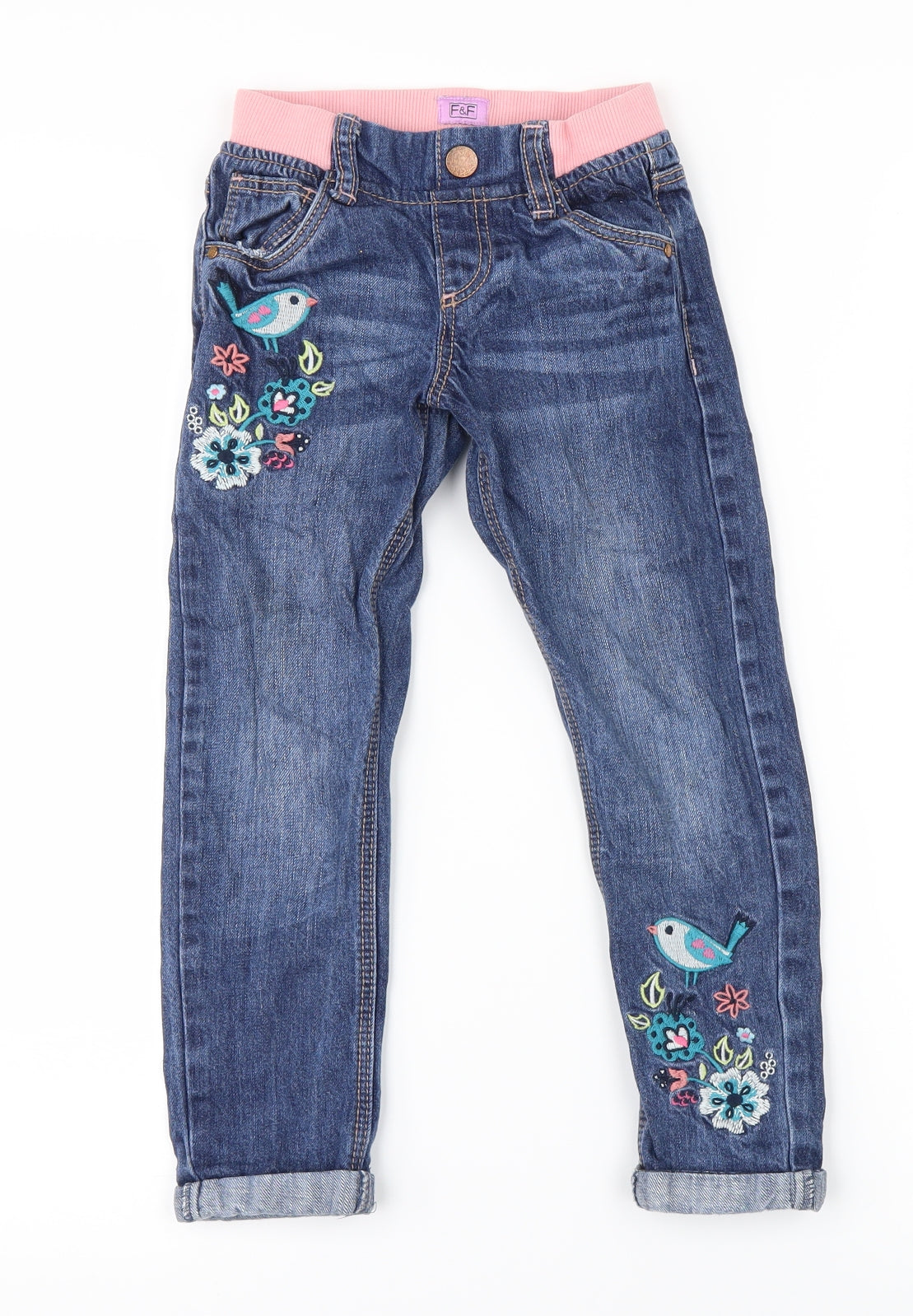 F&F Girls Blue   Straight Jeans Size 4-5 Years - birds floral flowers