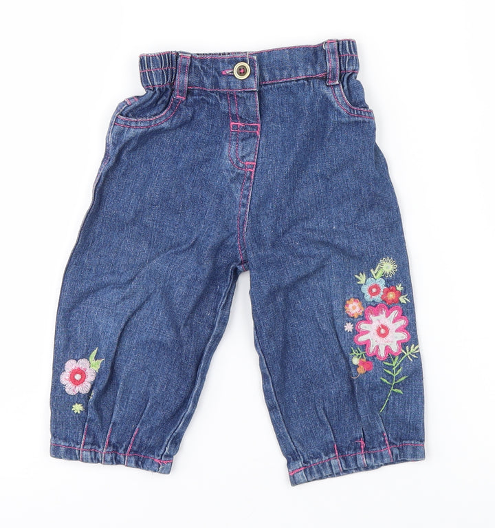 no brand Girls Blue Floral Denim Jeans Size 6-9 Months