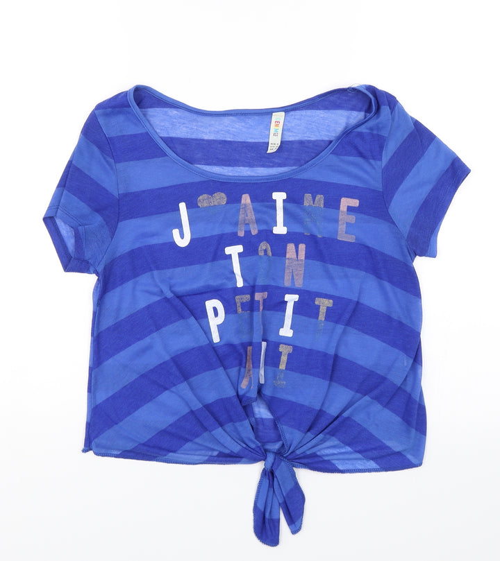Denim & Co. Womens Blue Striped Basic T-Shirt Size 10