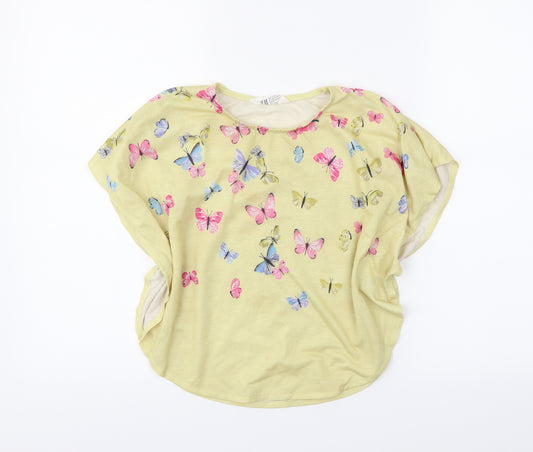 Front view of H&M girls’ yellow floral basic t-shirt, size 7-8, years - butterflies