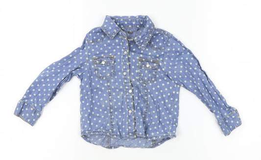 Front view of denim Co girls’ blue polka dot denim basic button-up, size 2-3, years