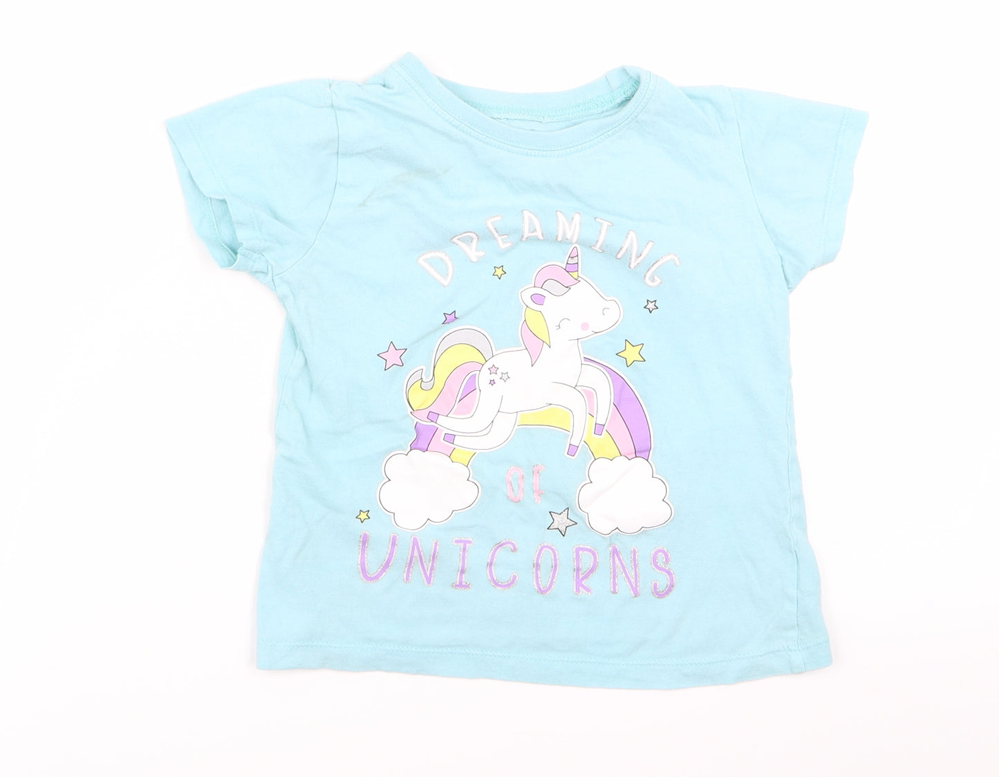 Preworn Girls Blue   Basic T-Shirt Size 6 Years  - unicorn