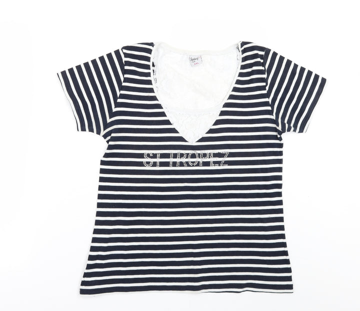FANTASY SYLE Womens Black Striped Basic T-Shirt Size 2XL - lace back