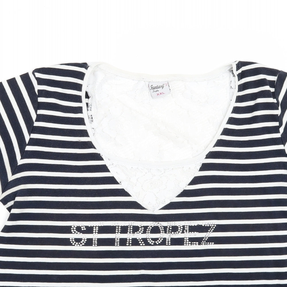 FANTASY SYLE Womens Black Striped  Basic T-Shirt Size 2XL  - lace back