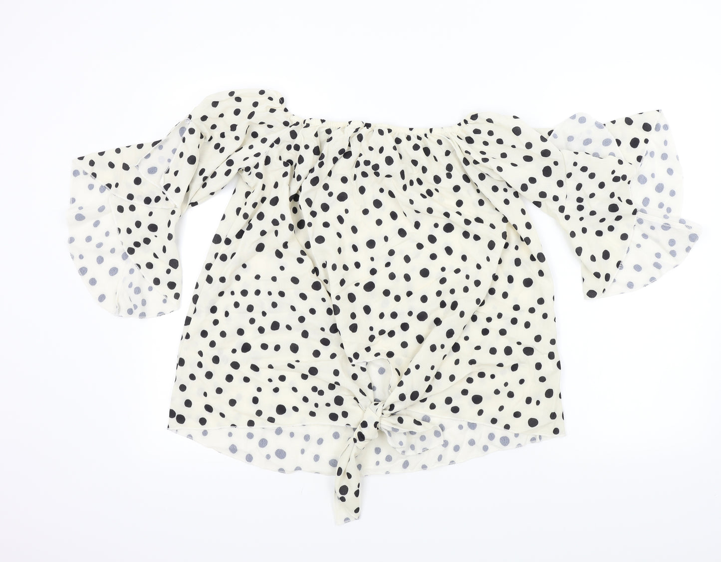 Preworn Womens Beige Polka Dot  Basic Blouse Size L  - Frill Detail