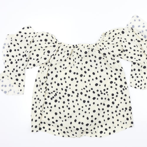 Preworn Womens Beige Polka Dot  Basic Blouse Size L  - Frill Detail