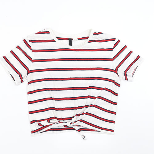 Divided by H&M Womens White Striped  Basic T-Shirt Size S  - tie Front Detail