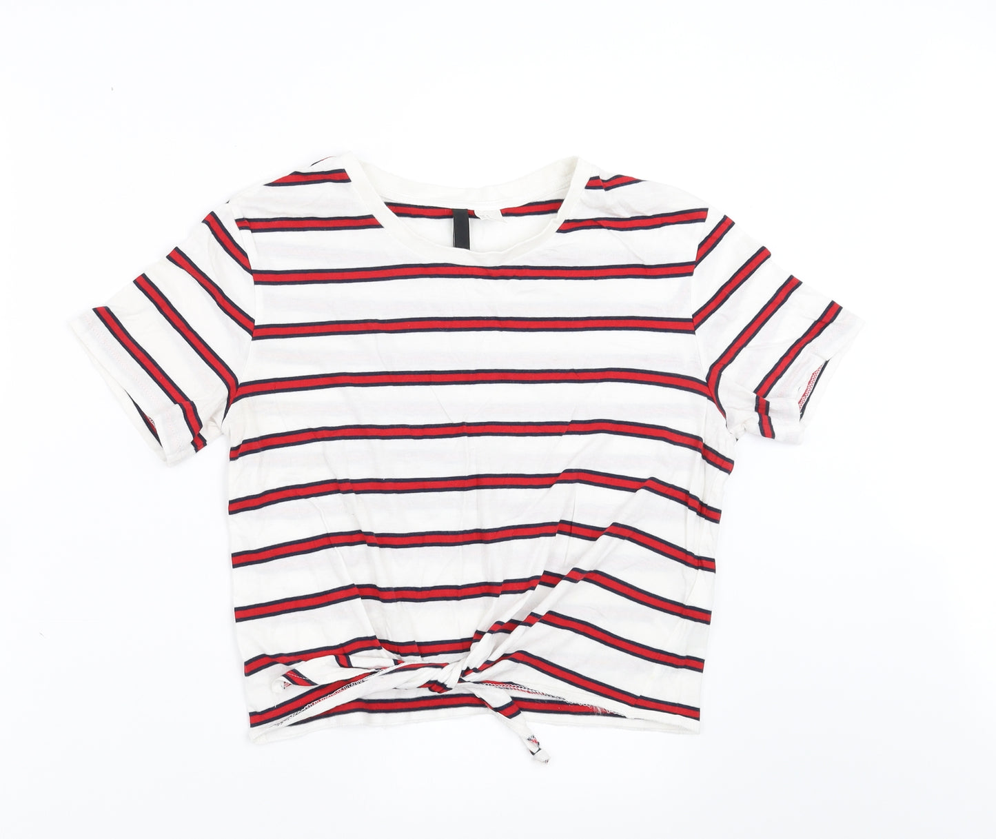 Divided by H&M Womens White Striped  Basic T-Shirt Size S  - tie Front Detail