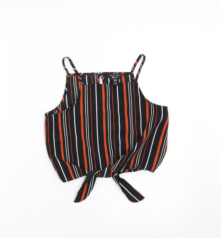 New Look Girls Black Striped Cropped Blouse Size 10 Years - tie Front Detail