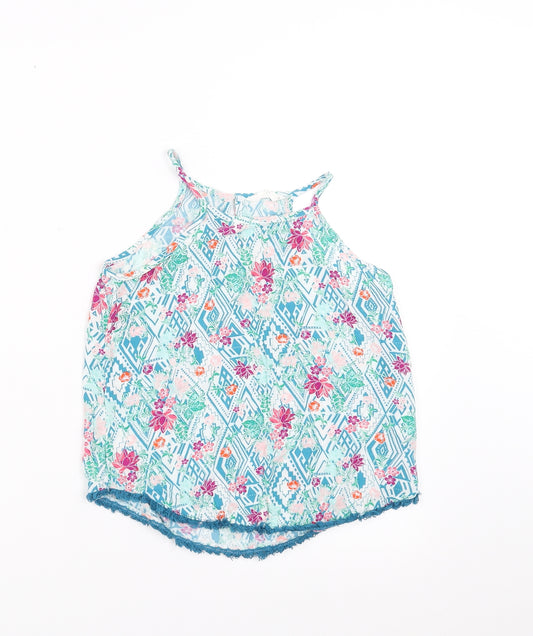 Front view of Candy Couture girls’ blue floral camisole blouse, size 9, years