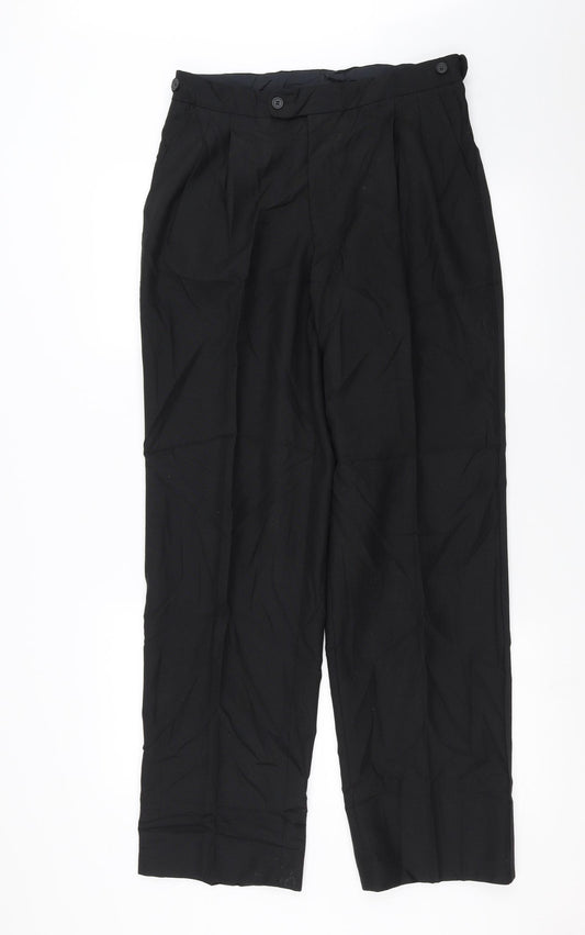 Front view of Preworn men’s black trousers, size 30, in, 31-inch leg
