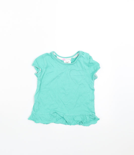 Front view of F&F girls’ green basic t-shirt, size 6-9, months