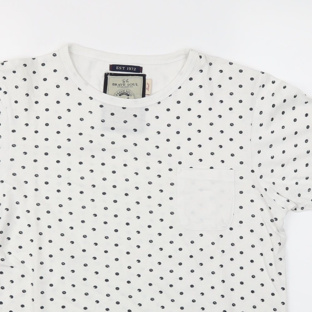 Brave Soul Mens White Polka Dot   T-Shirt Size S