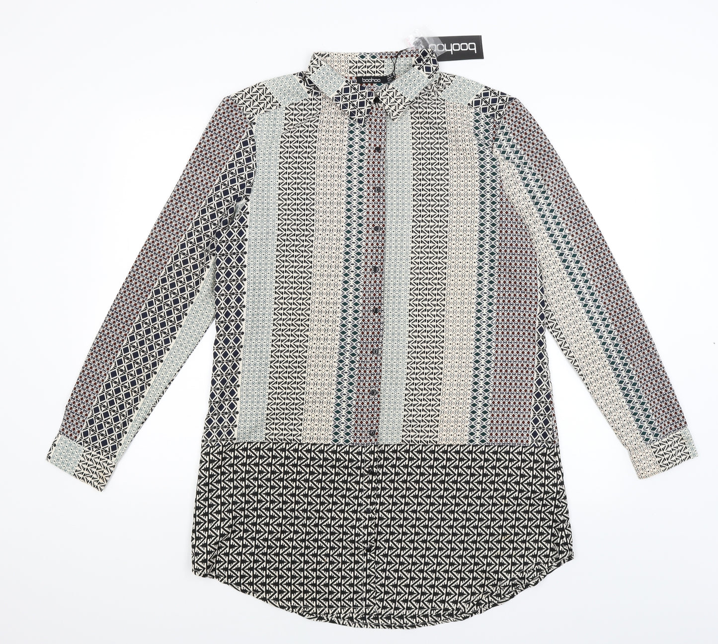 Boohoo Womens Black Geometric  Basic Button-Up Size 12