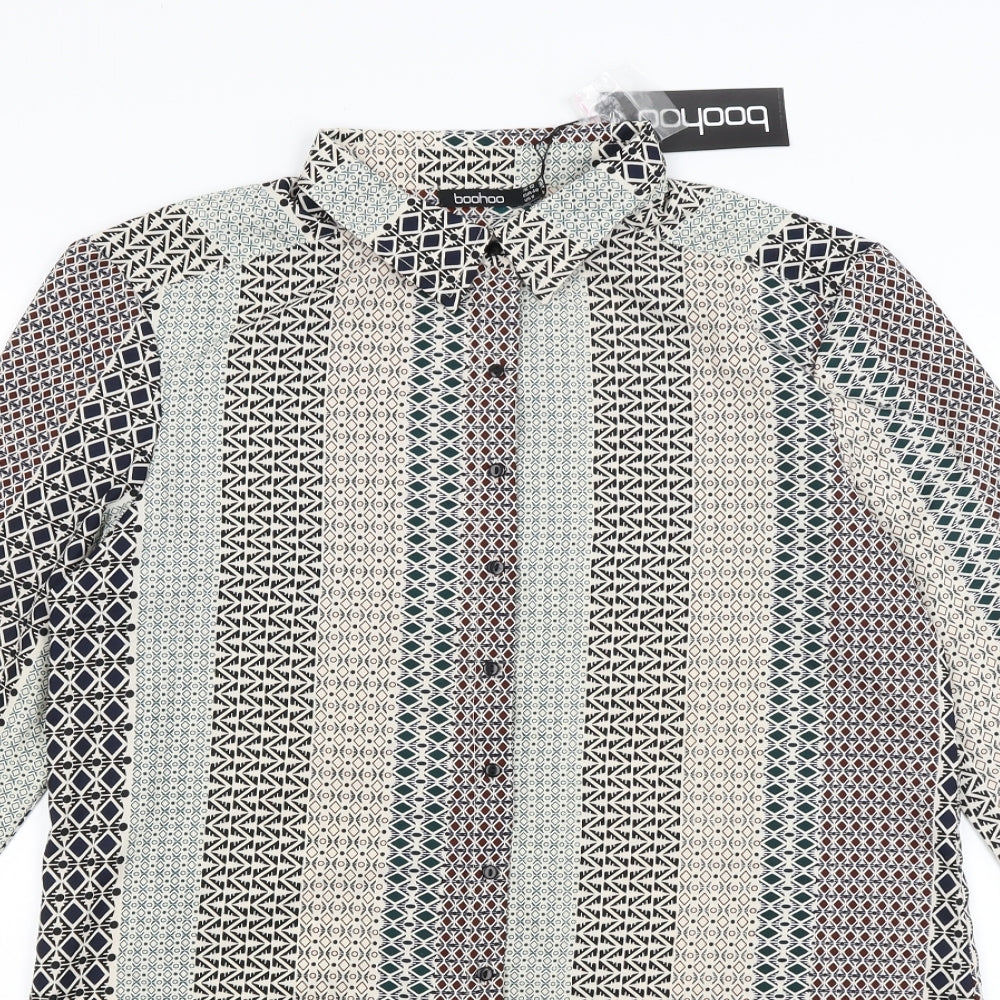 Boohoo Womens Black Geometric  Basic Button-Up Size 12