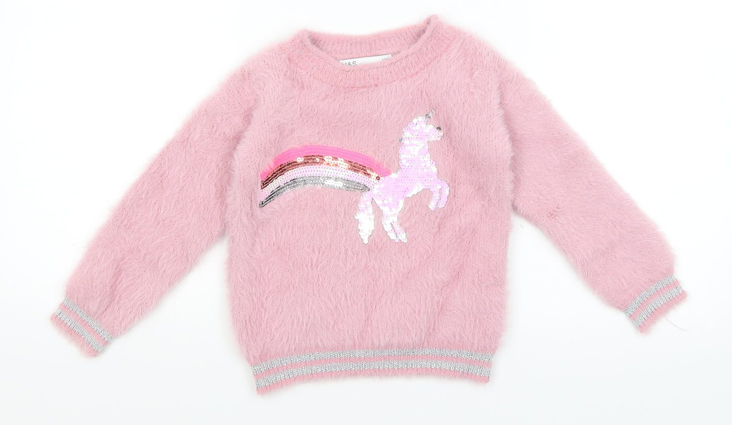 M&S Girls Pink   Pullover Jumper Size 4-5 Years  - Unicorn