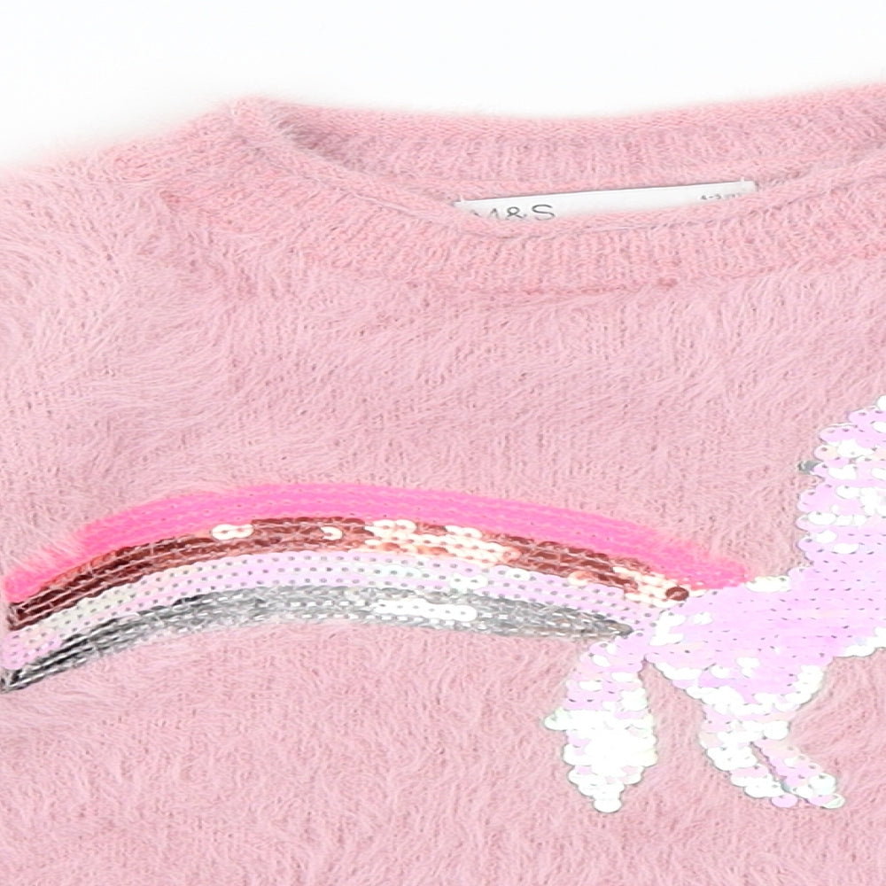 M&S Girls Pink   Pullover Jumper Size 4-5 Years  - Unicorn