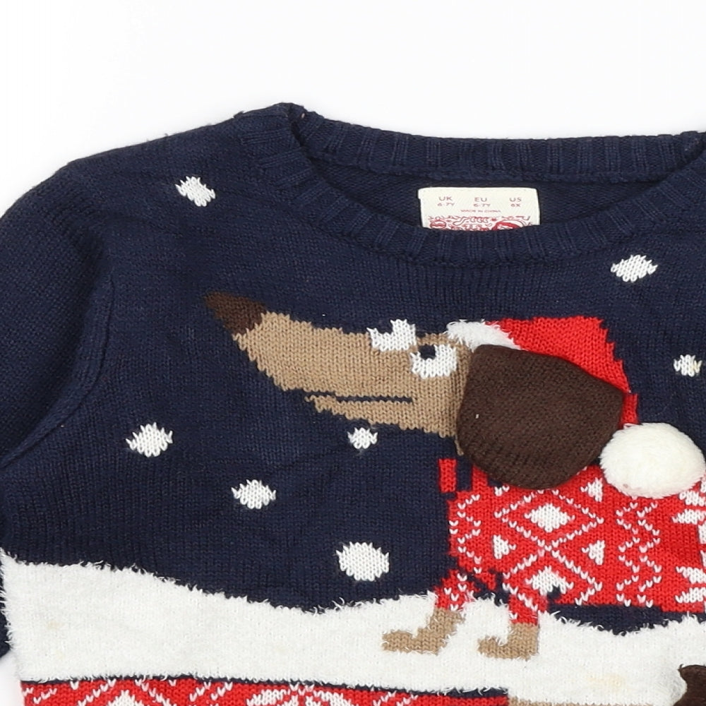 F&F Boys Blue   Pullover Jumper Size 6-7 Years  - Daschund christmas