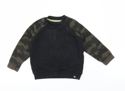 Front view of F&F boys’ black camouflage jumper, size 6-9, months