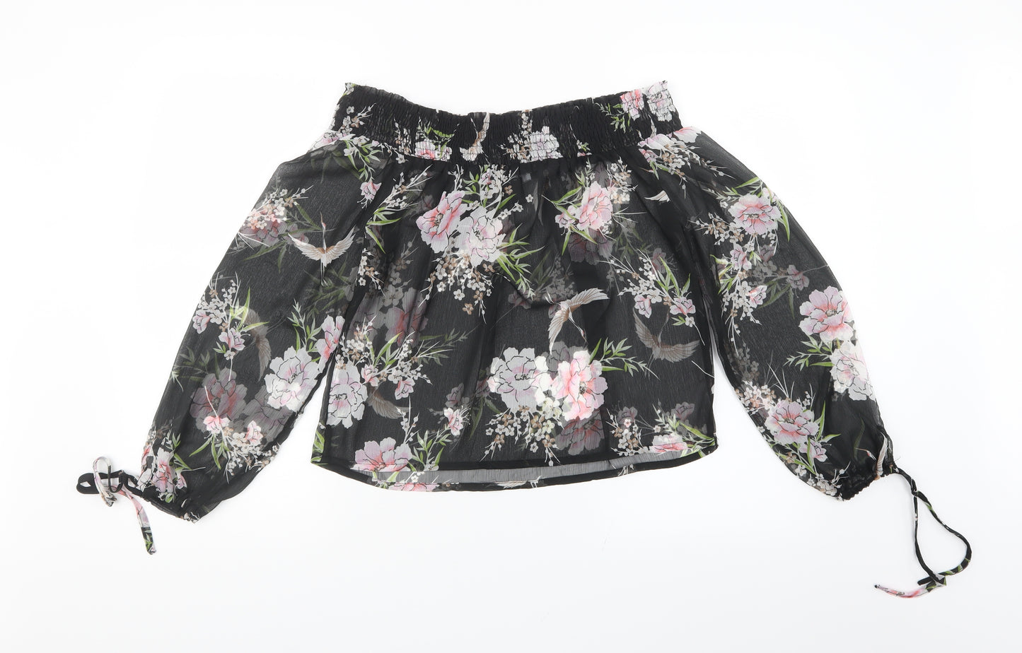 New Look Womens Black Floral Mesh Basic Blouse Size 10