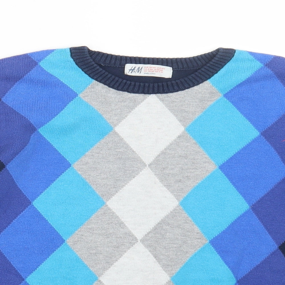 H&M Boys Blue Argyle/Diamond Knit Pullover Jumper Size 9-10 Years