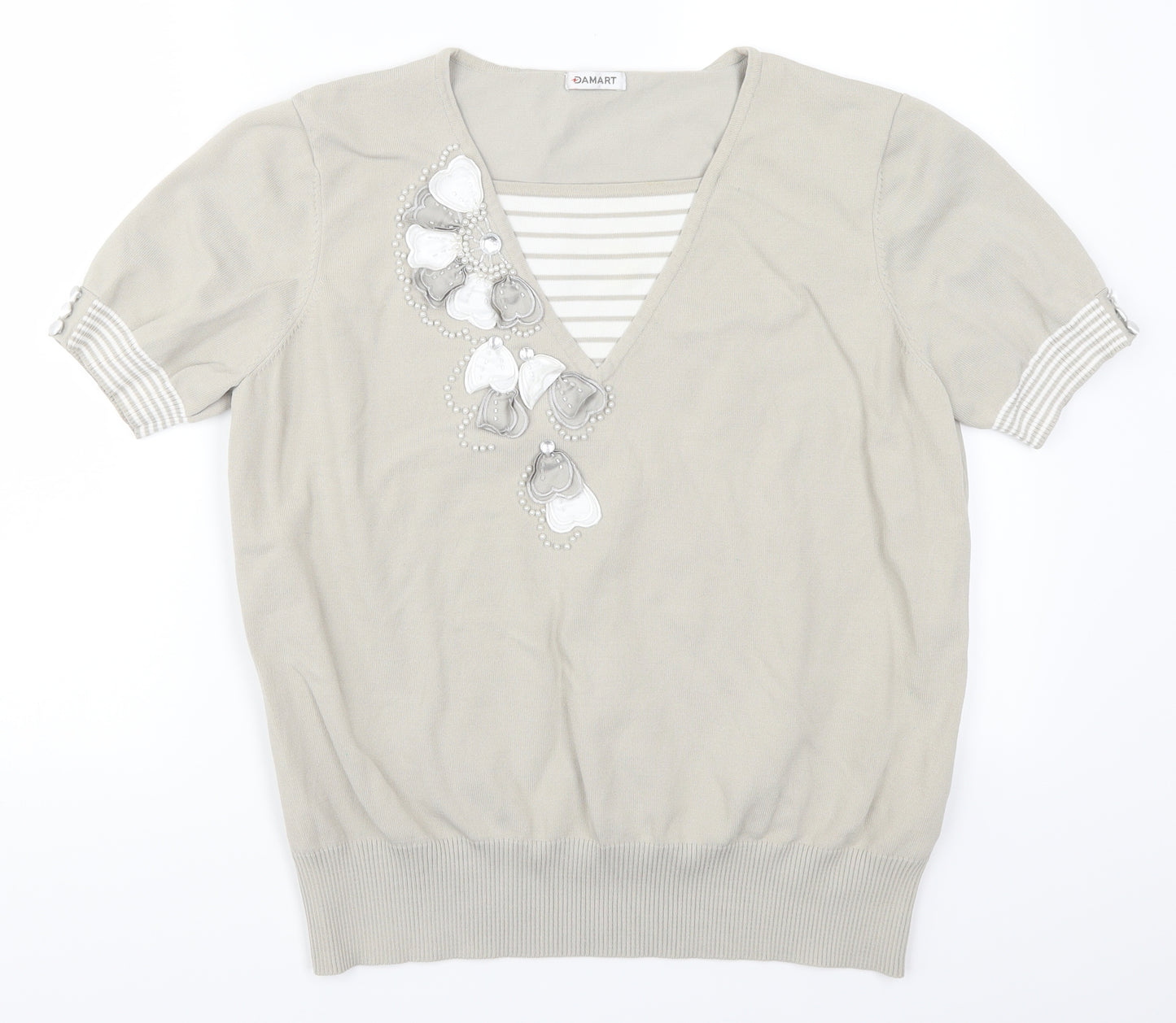 Damart Womens Beige Striped  Basic T-Shirt Size 22  - Fabric Flowers