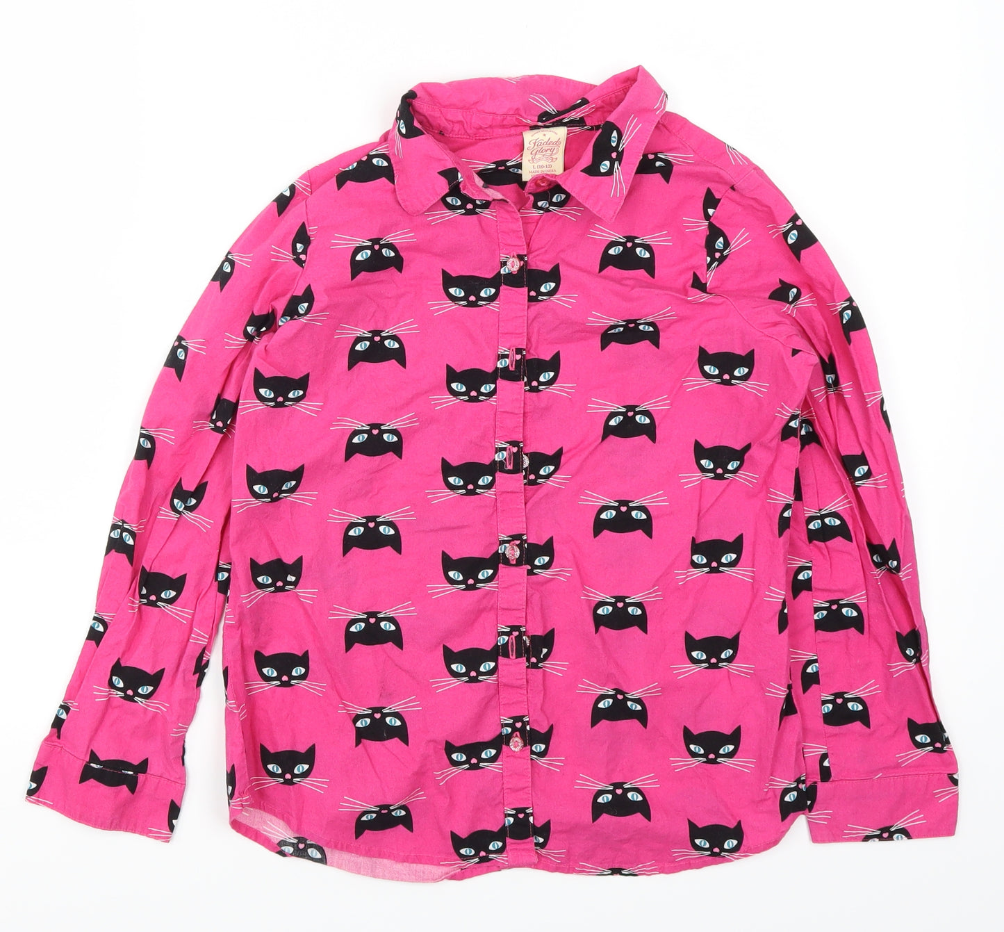Faded Glory Girls Pink   Basic Button-Up Size 10 Years  - Cat Print