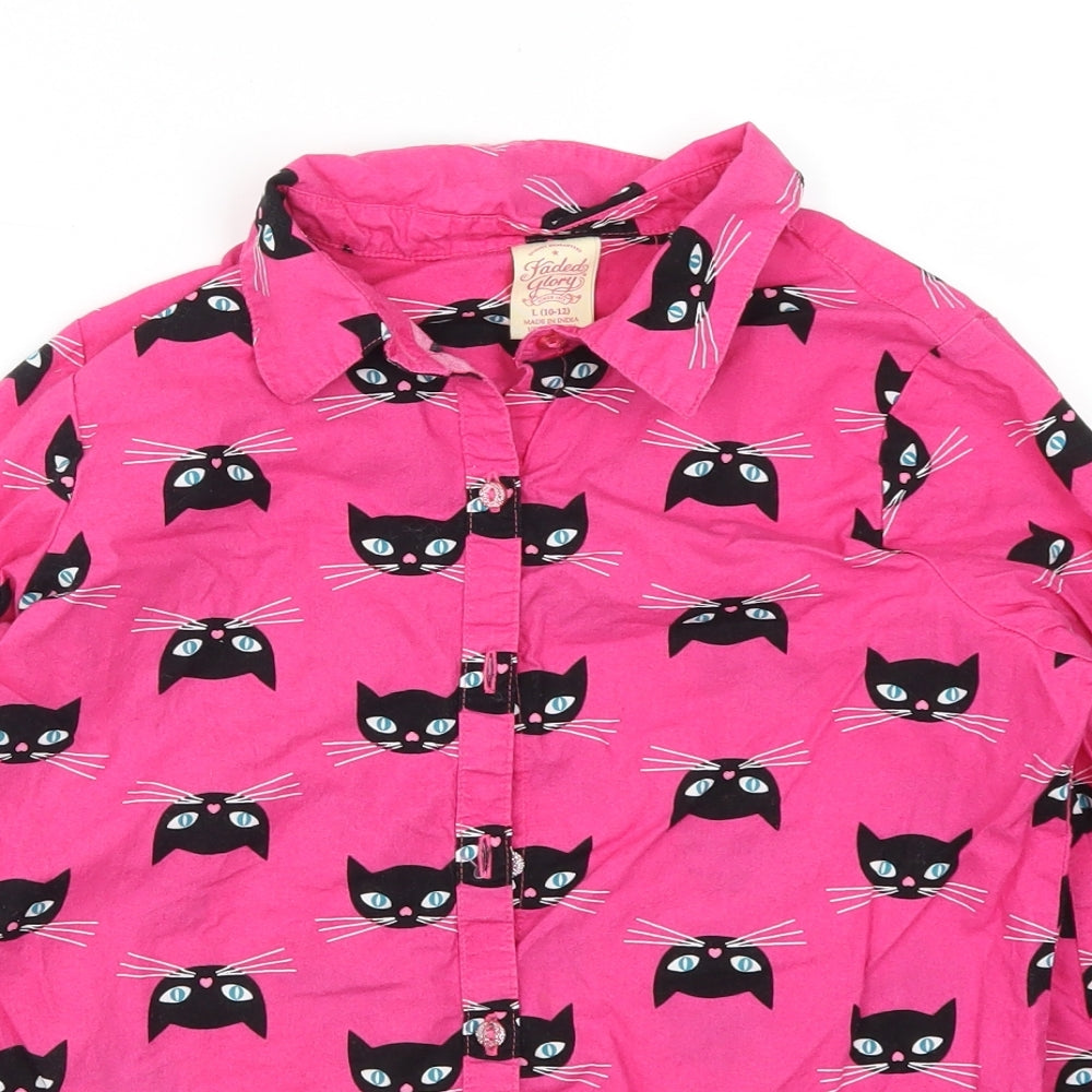 Faded Glory Girls Pink   Basic Button-Up Size 10 Years  - Cat Print