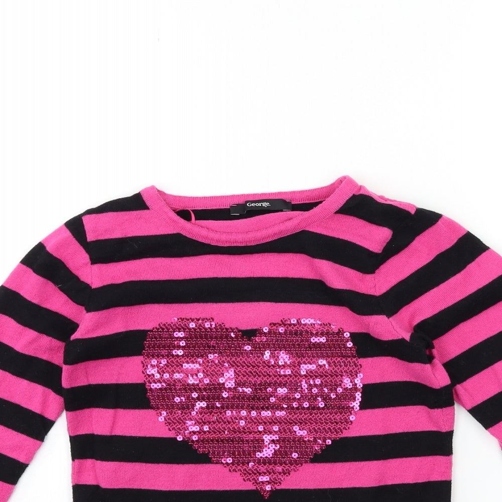 George Girls Pink Striped Knit Pullover Jumper Size 7-8 Years