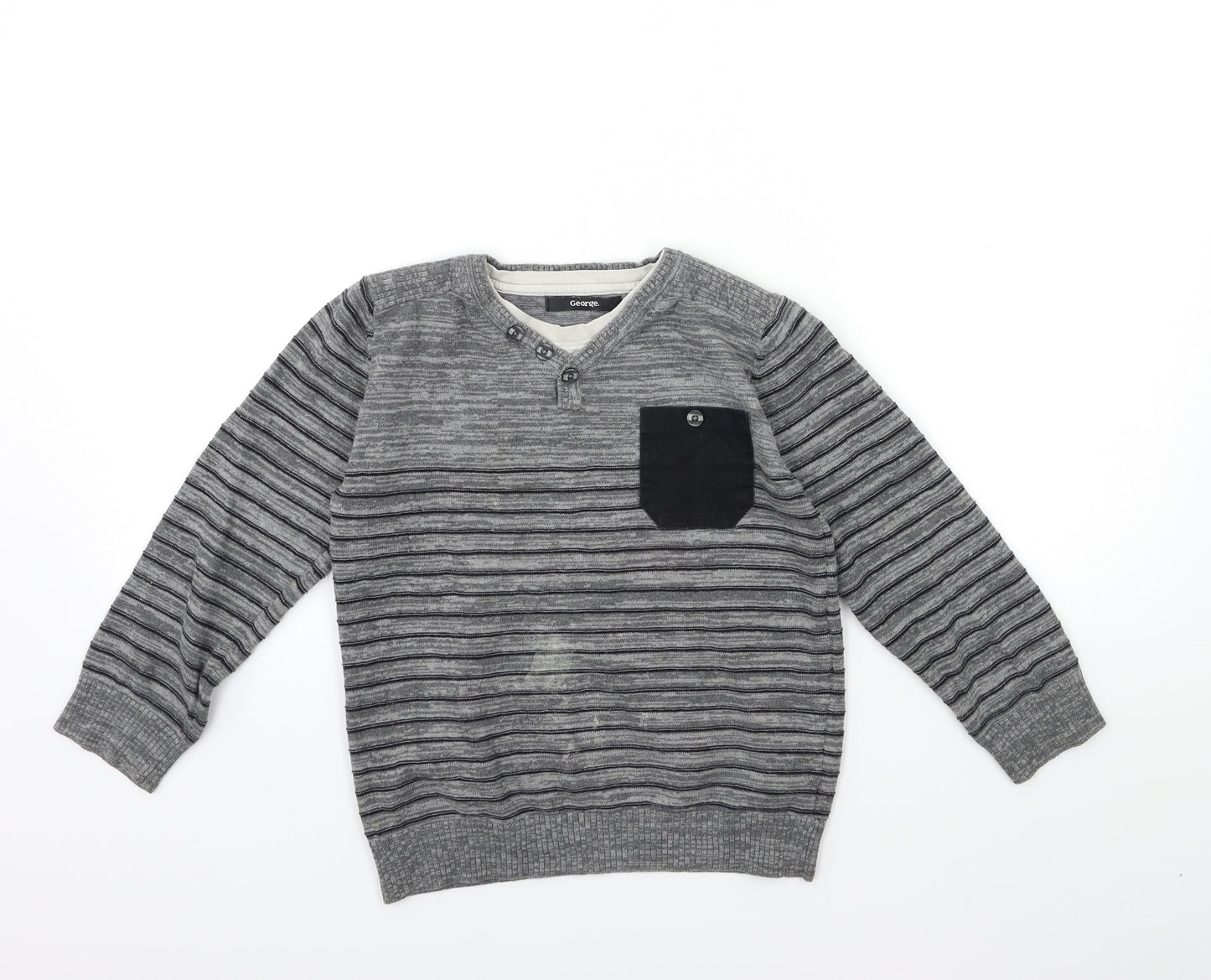George Boys Grey Striped Knit Pullover Jumper Size 7-8 Years