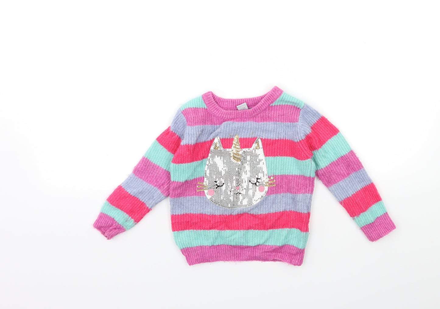 TU Girls Pink Striped Knit Pullover Jumper Size 2-3 Years