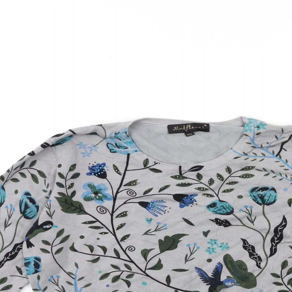 Mud Flower Womens Grey Floral Knit Pullover Jumper Size M