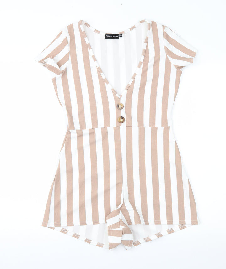 PRETTYLITTLETHING Womens Brown Striped Playsuit One-Piece Size 8
