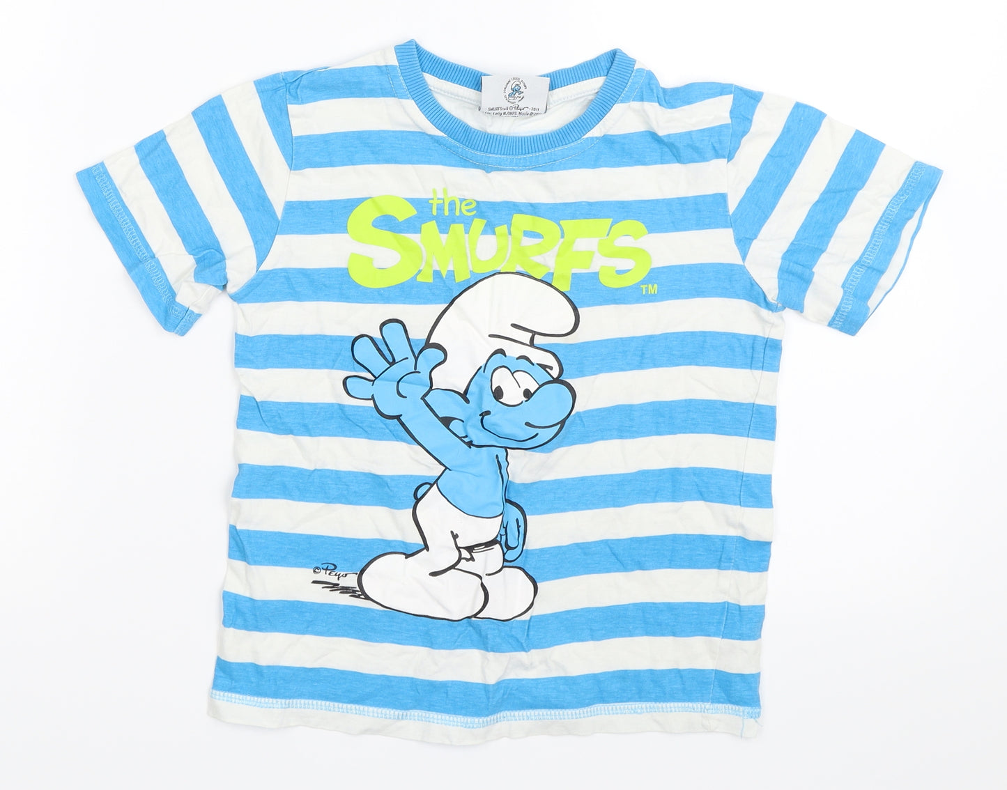 Tesco Boys Blue Striped  Basic T-Shirt Size 5-6 Years  - the smurfs