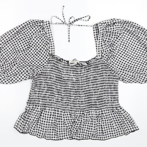 George Womens Black Check  Basic Blouse Size 14  - puff sleeve