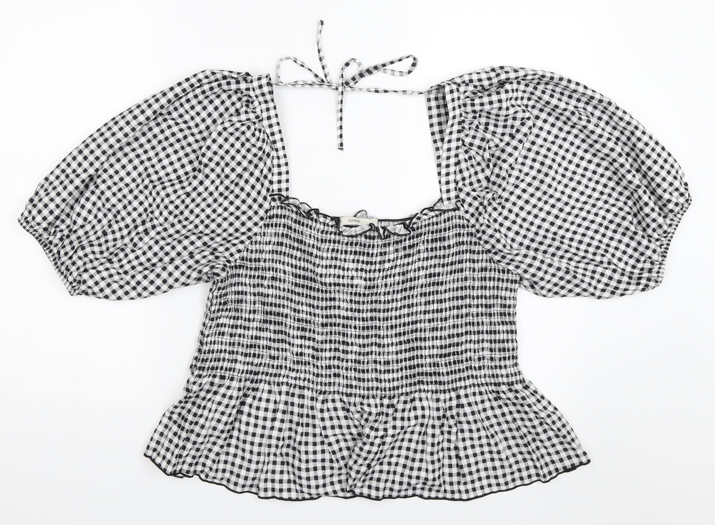 George Womens Black Check  Basic Blouse Size 14  - puff sleeve