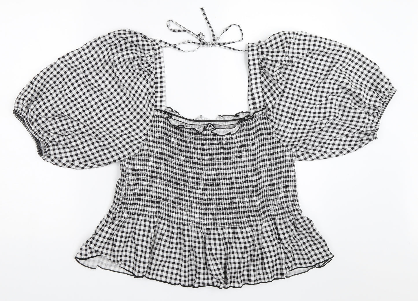 George Womens Black Check  Basic Blouse Size 14  - puff sleeve