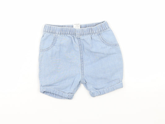 Front view of Tu Baby Blue Denim Cropped Trousers, size 6-9, Months