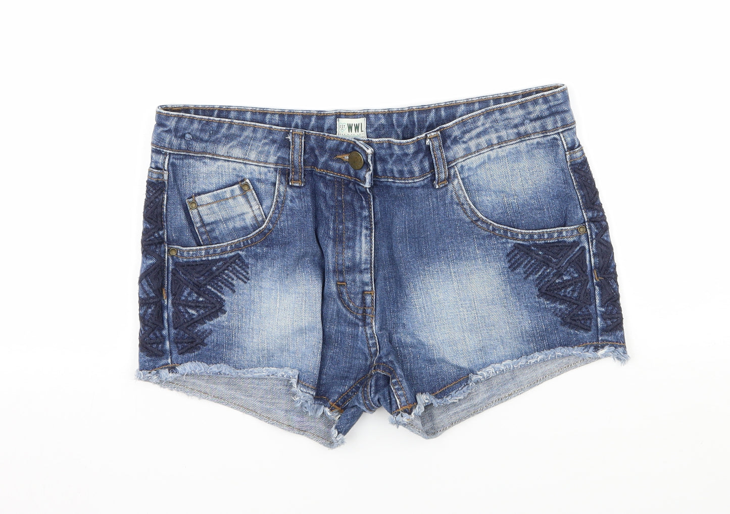 Marks and Spencer Girls Blue Geometric Denim Hot Pants Shorts Size 12-13 Years