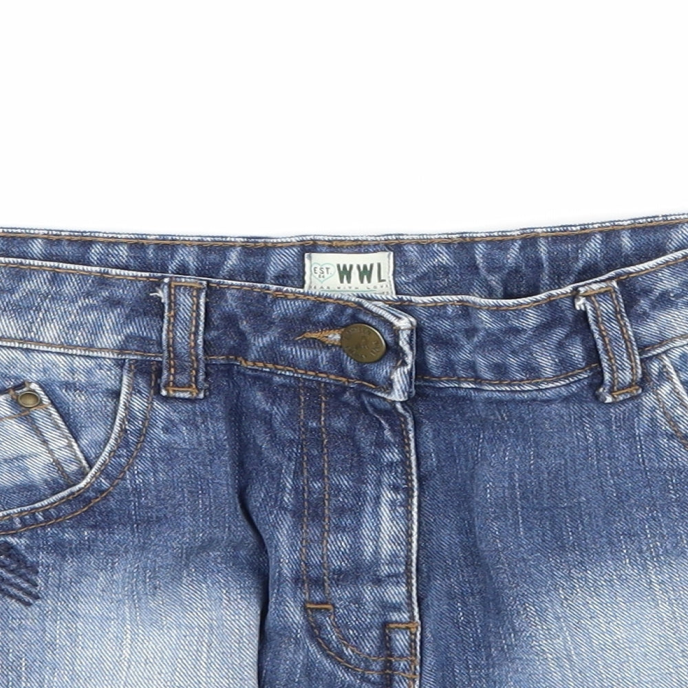 Marks and Spencer Girls Blue Geometric Denim Hot Pants Shorts Size 12-13 Years