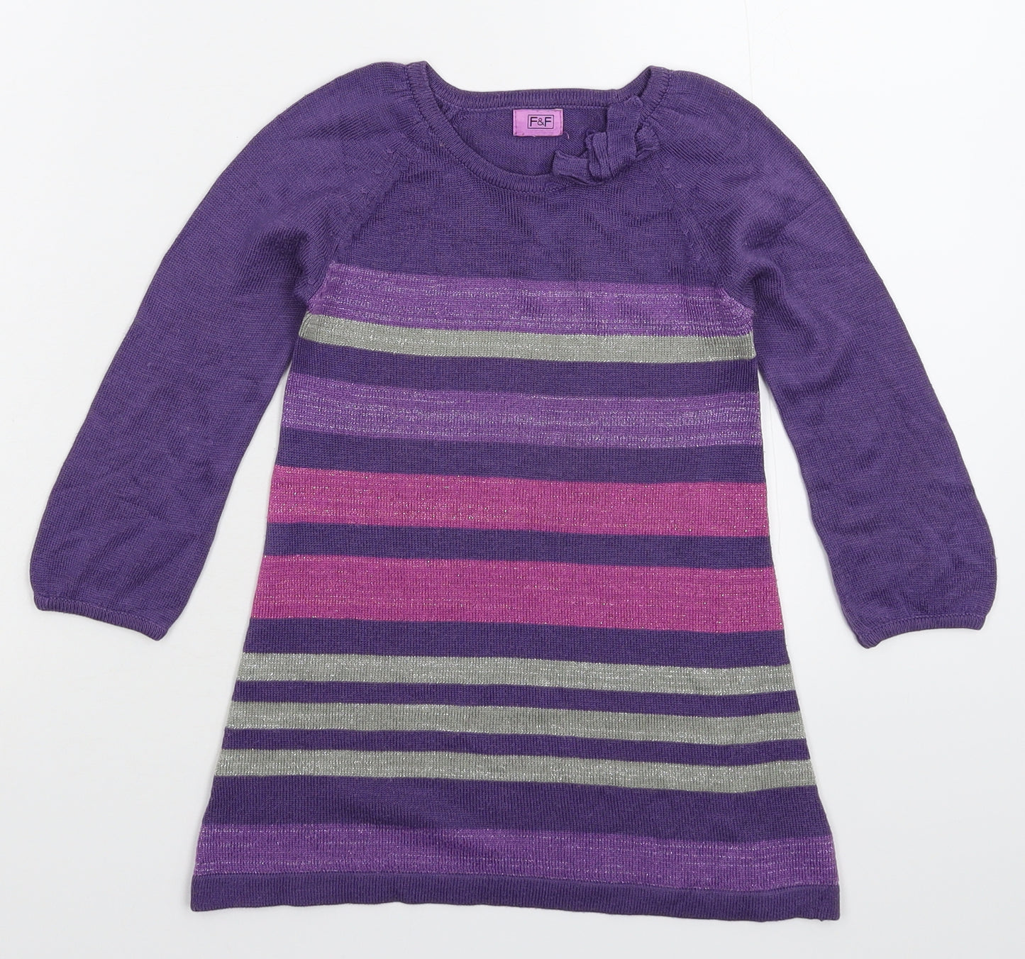 F&F Girls Purple Striped Knit Jumper Dress  Size 2-3 Years