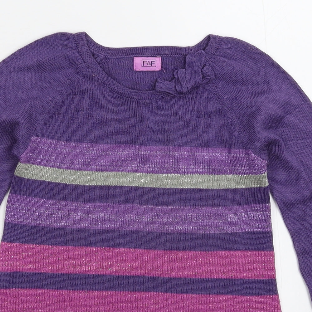 F&F Girls Purple Striped Knit Jumper Dress  Size 2-3 Years