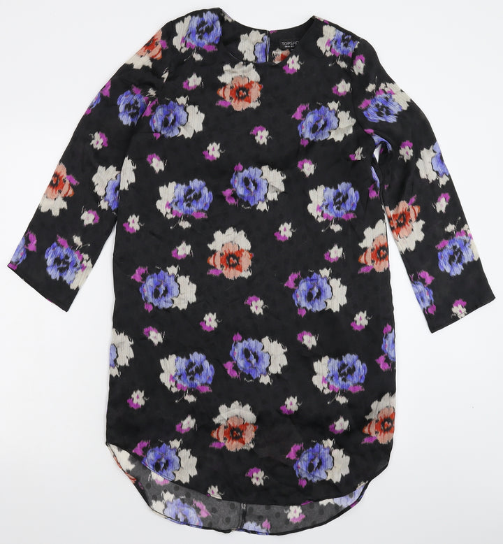 Topshop Womens Black Floral Satin Shirt Dress Size 8