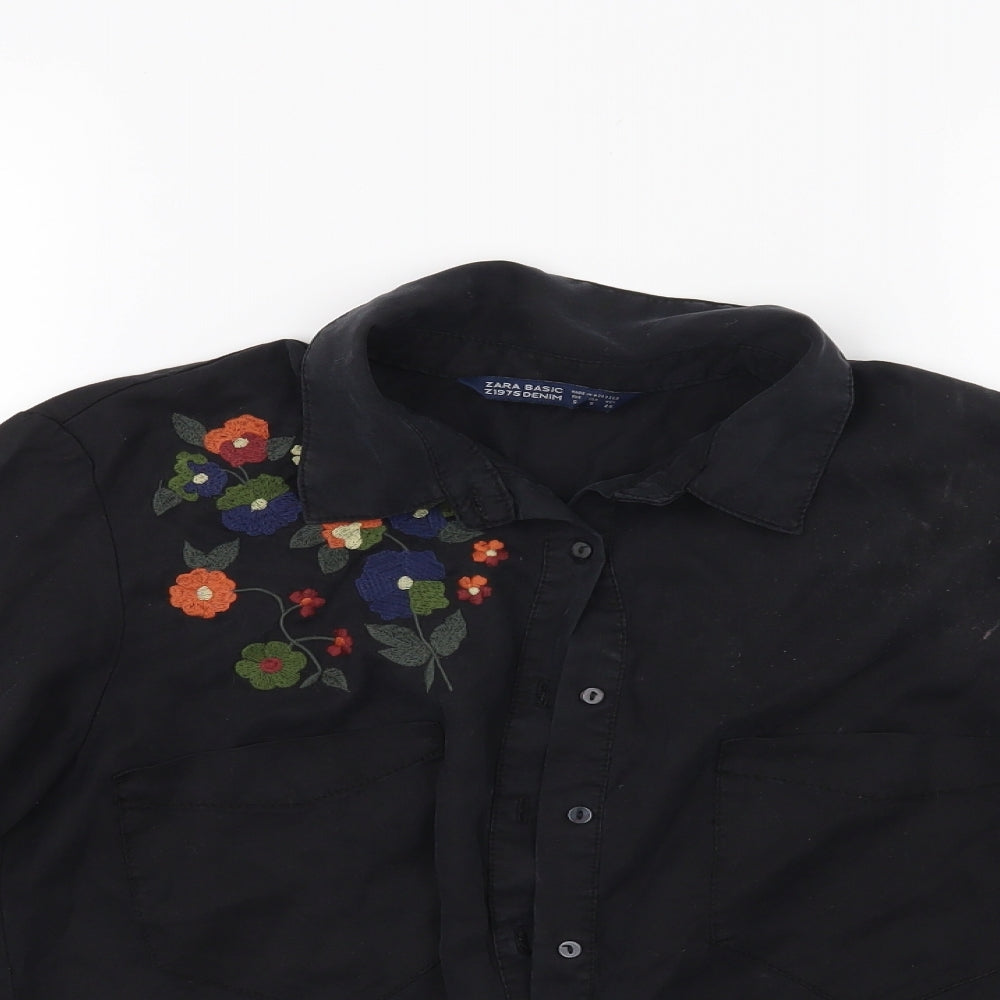Zara Womens Black Floral  Basic Button-Up Size S
