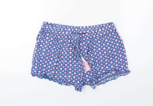 Front view of Primark women’s blue floral hot pants shorts, size UK 4, - lounge wear