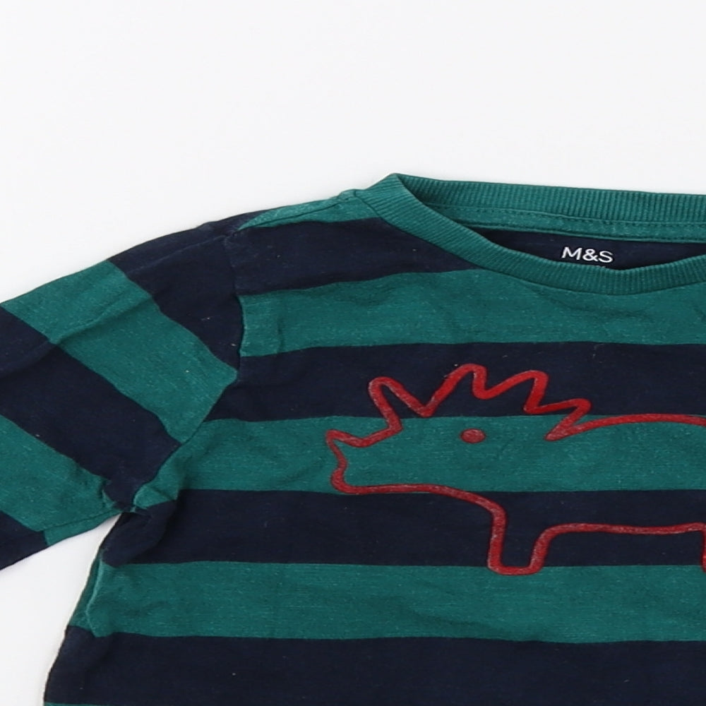 Marks and Spencer Boys Green Striped  Basic T-Shirt Size 2-3 Years