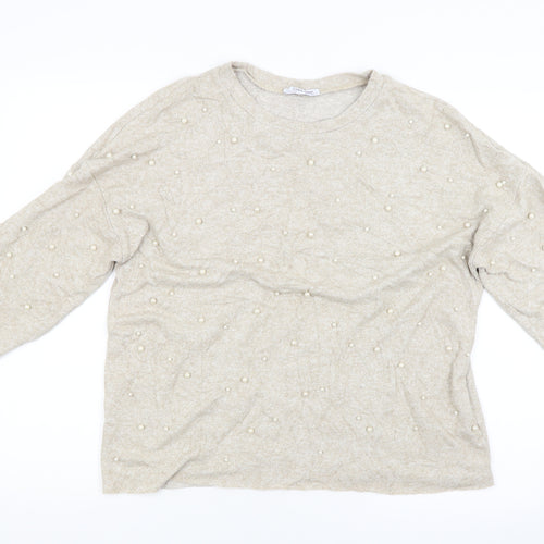 Zara Womens Beige   Pullover Jumper Size M  - studded front