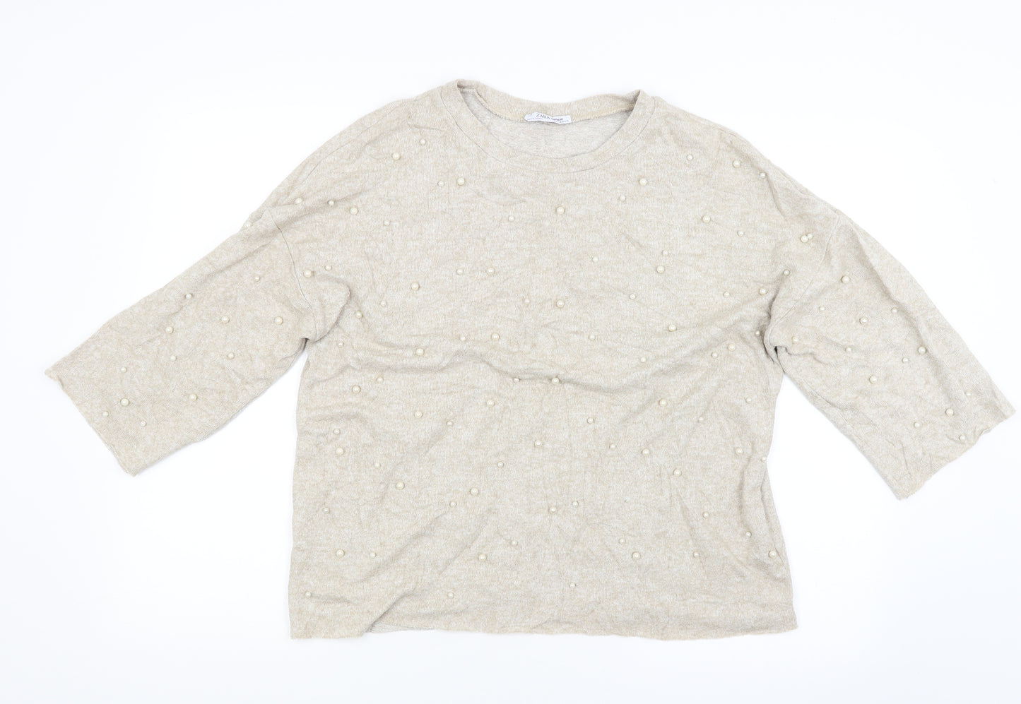 Zara Womens Beige   Pullover Jumper Size M  - studded front