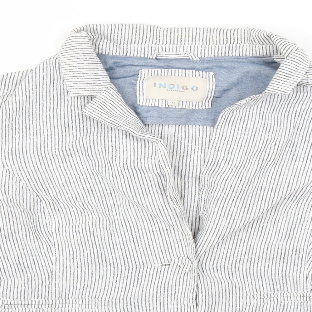 Indigo Womens White Striped  Jacket Blazer Size 12